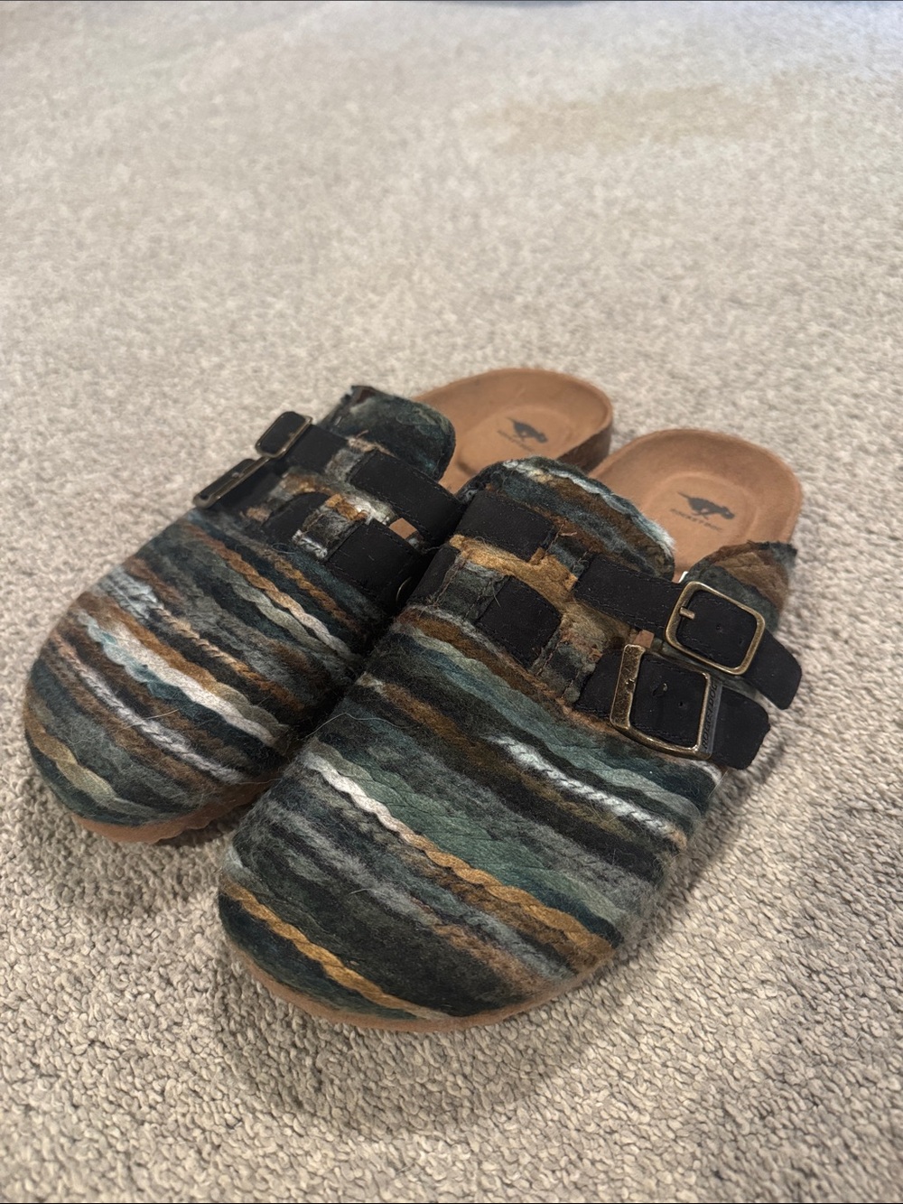 NWOT Striped Wool Slip-On Clogs with Buckle - Green/Gray/Brown